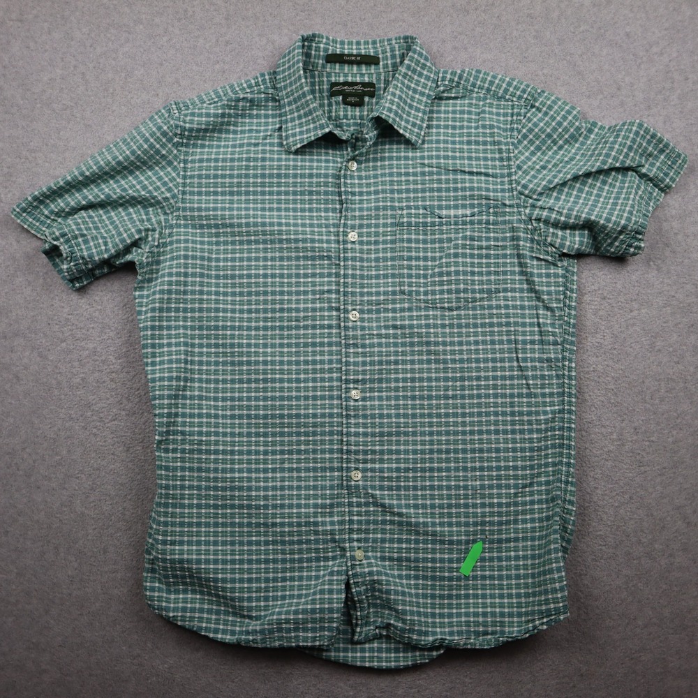 Eddie Bauer Shirt Mens M Classic Fit Button-Down Green Plaid Short Sleeve Cotton